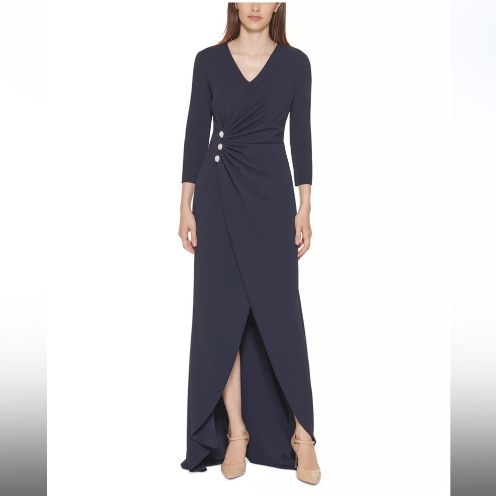 NWT | Calvin Klein Embellished Faux Wrap Gown | Navy | Size 8